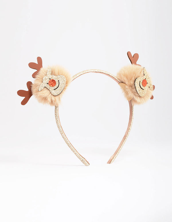 Kids Fabric Christmas Reindeer Pom Pom Headband