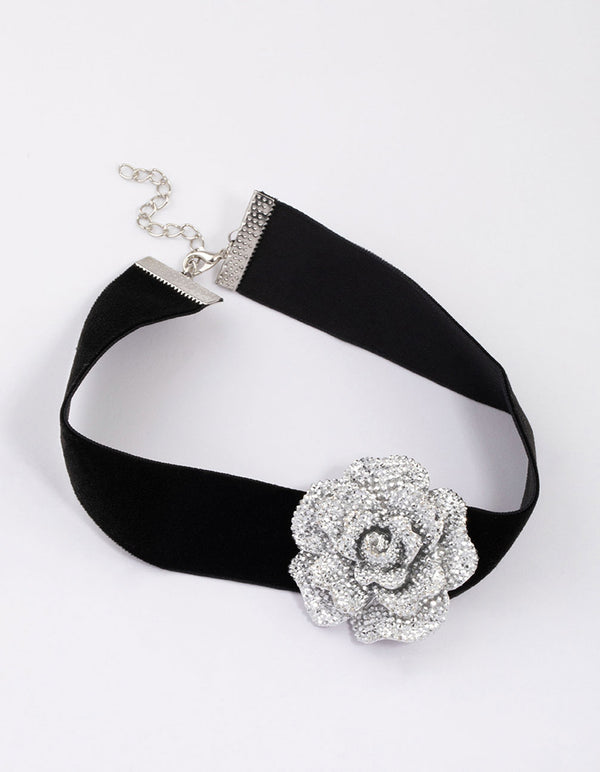 Rhodium Black Crystal Mini Flower Choker