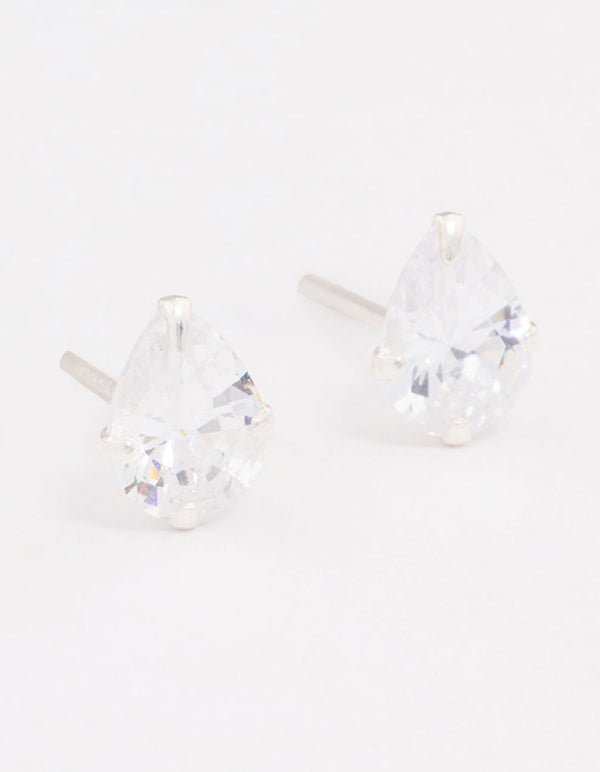 Sterling Silver Cubic Zirconia Pear Stud Earrings 7mm