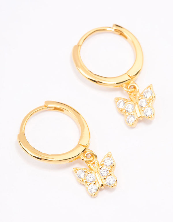 Gold Plated Sterling Silver Cubic Zirconia Butterfly Huggie Earrings