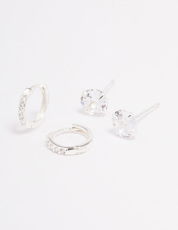 Sterling Silver Cubic Zirconia Stud & Huggie Earring Set