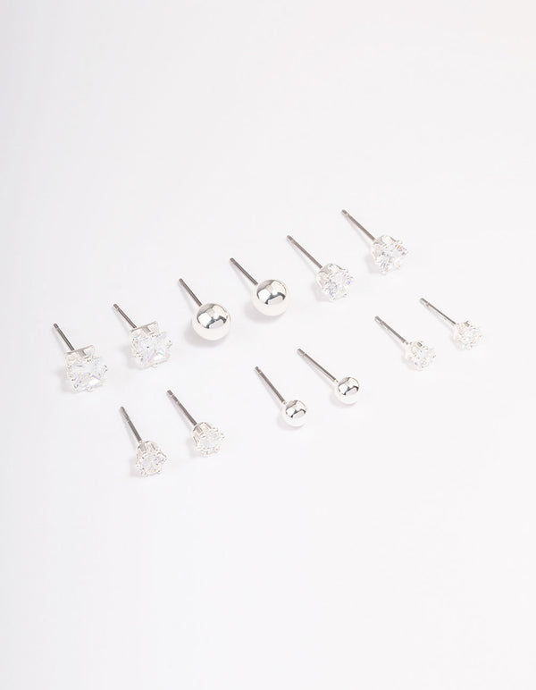 Silver Plated Cubic Zirconia & Ball Stud Earring 6-Pack