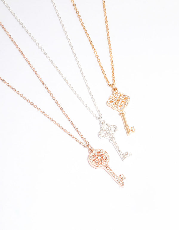 Mixed Metal Diamante Key Necklace 3-Pack