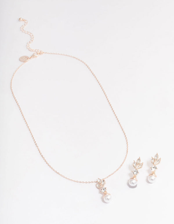 Rose Gold Leafy Diamante & Pearl Jewellery Set