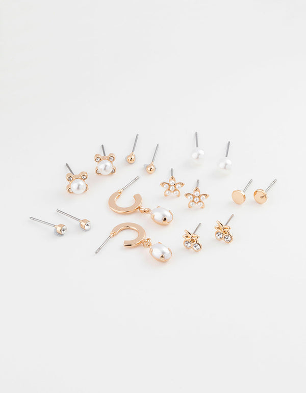 Gold Flower Pearl Earring 8-Pack