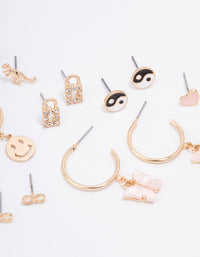 Gold Smiley Lock Diamante Earring 8-Pack - link has visual effect only