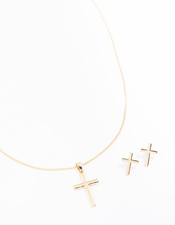 Gold Plain Cross Jewellery Set