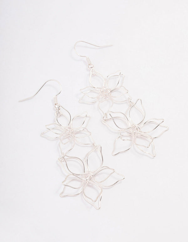 Silver Double Wire Flower Drop Earrings