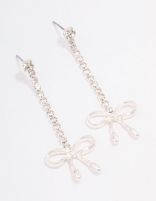 Silver Cupchain Crystal Bow Drop Earrings