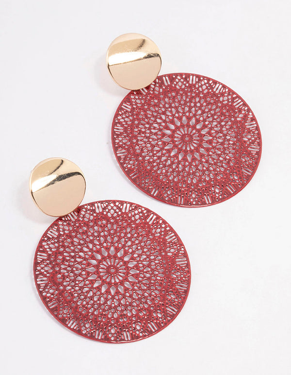 Red Mixed Disc Filigree Drop Earrings