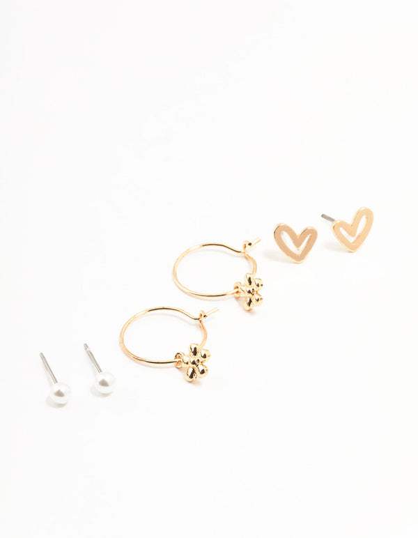 Gold Pearl Heart Flower Earrings 3-Pack