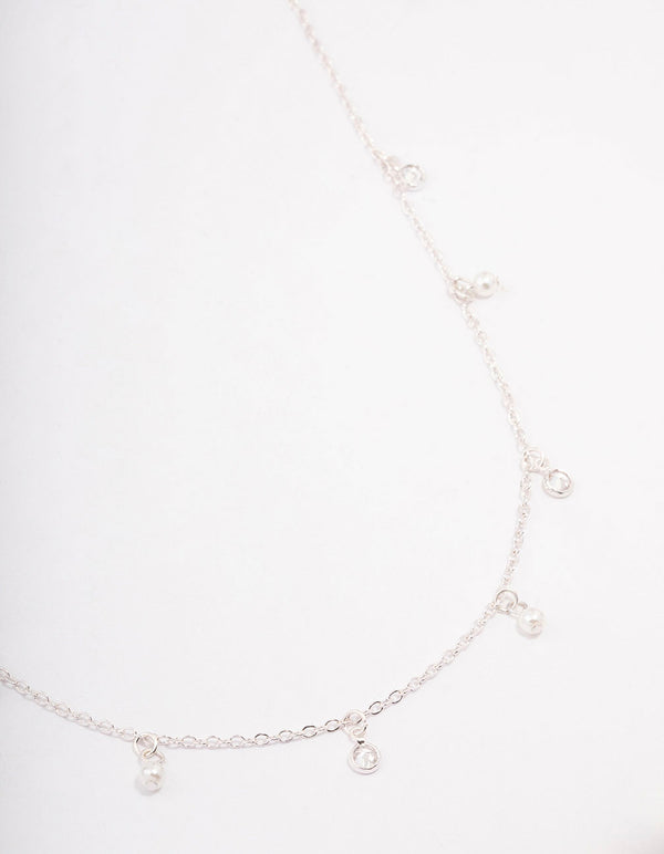 Silver Diamante & Pearl Drop Station Necklace