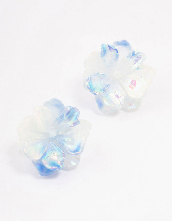 Blue Holographic Flower Stud Earrings