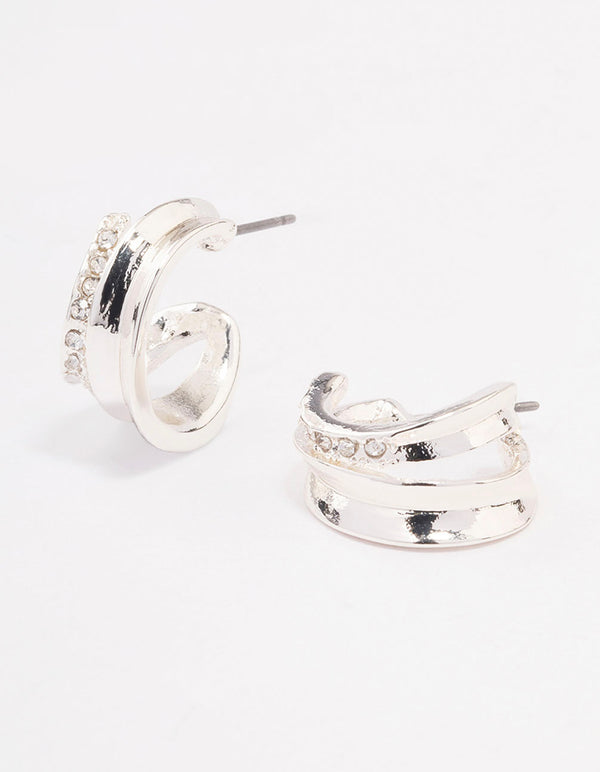 Silver Diamante Ridged Double Hoop Earrings