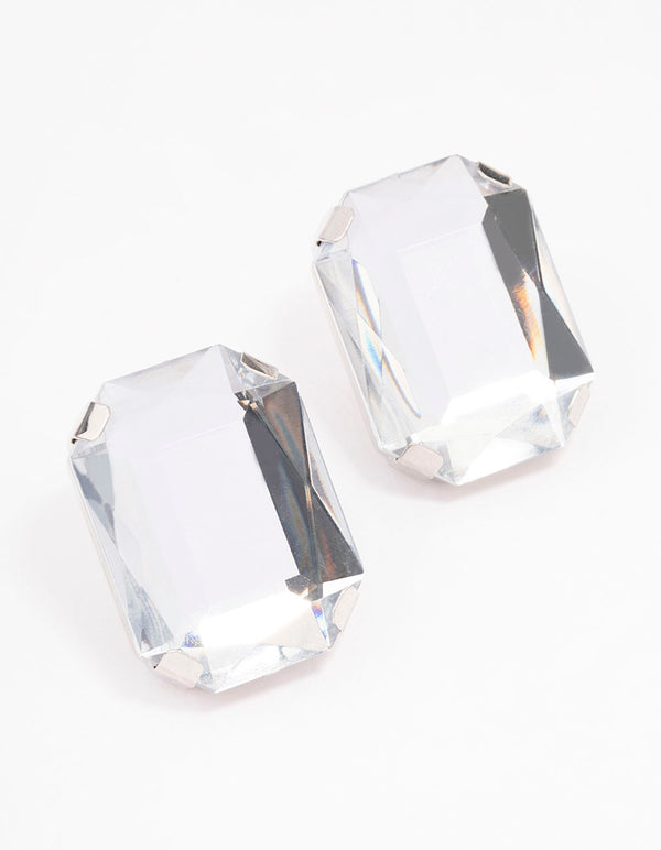 Silver Large Diamante Stud Clip On Earrings