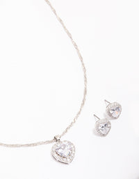 Rhodium Cubic Zirconia Halo Heart Jewellery Set - link has visual effect only