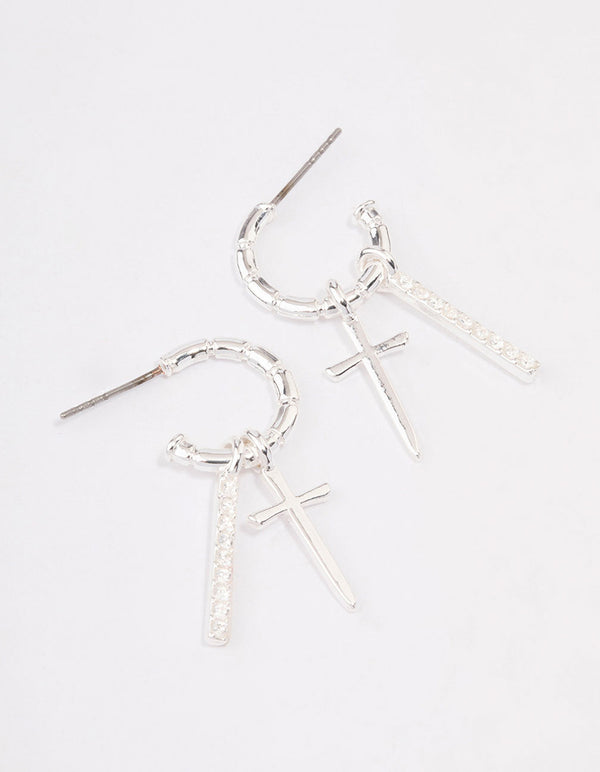 Silver Plated Cross Diamante Bar Hoop Earrings