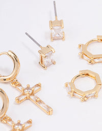 Gold Plated Cubic Zirconia Baguette Cross Earrings 3-Pack - link has visual effect only