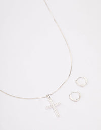 Silver Plated Diamante Cross Necklace & Huggie Earrings Jewellery Set - link has visual effect only