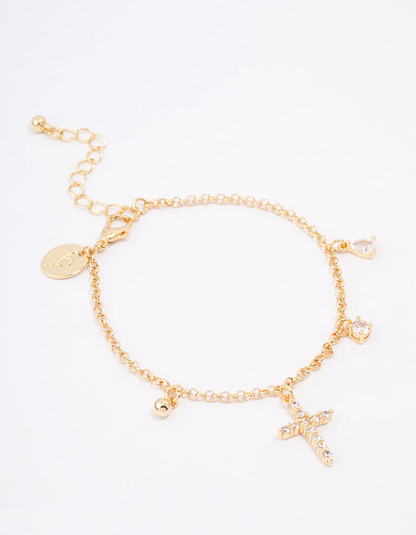 Gold Plated Cubic Zircona Cross Charm Bracelet