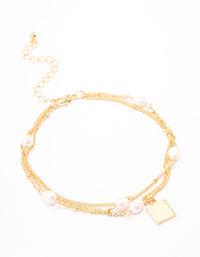 Gold Plated Layered Station Chain Freshwater Pearl Anklet - link has visual effect only