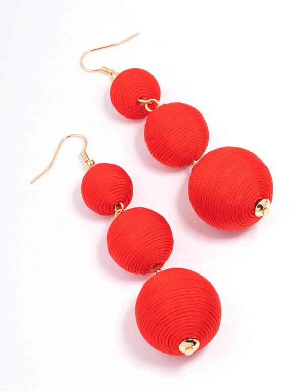 Red Thread Through Wrapped Ball Drop Earrings