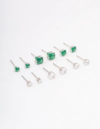 Rhodium Cubic Zirconia Round & Square Stud Earrings 12-Pack - link has visual effect only