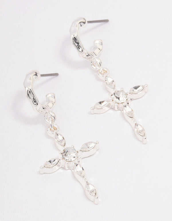 Silver Diamante Cross Huggie Earrings