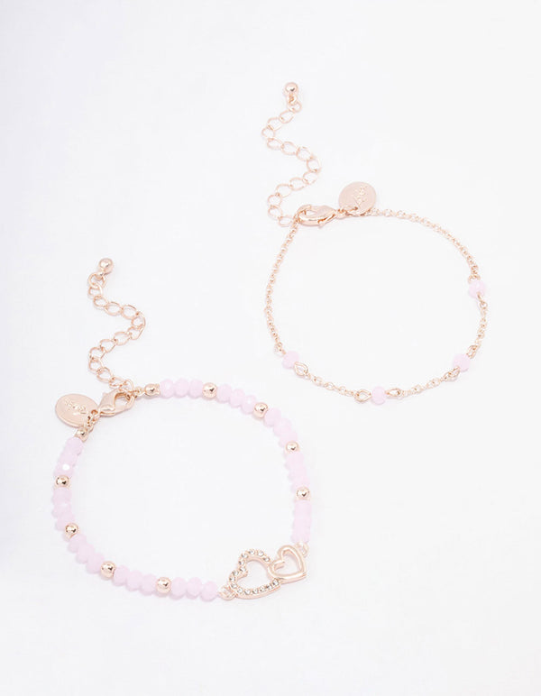 Rose Gold Pink Beaded Heart Bracelet Pack