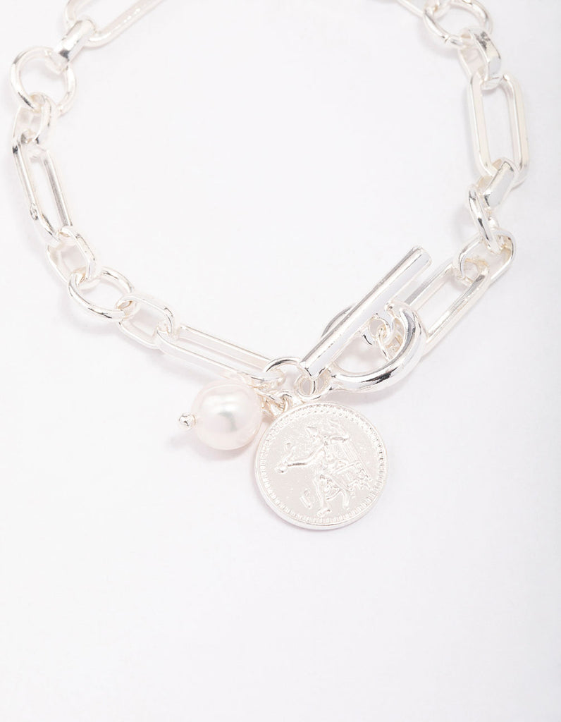 Silver Chunky Coin & Pearl Bracelet