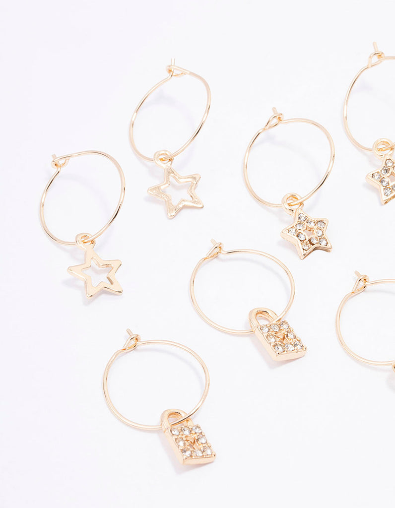 Gold Crystal Star Wire Hoop Earring 6-Pack