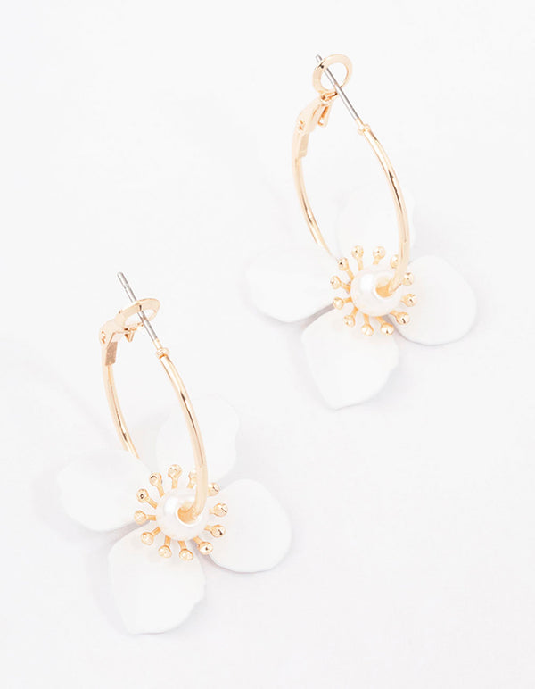 Gold Pearl Flower Hoop Earrings