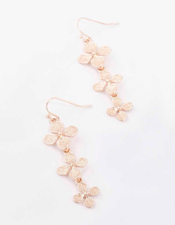 Rose Gold Textured Flower Drop Earrings