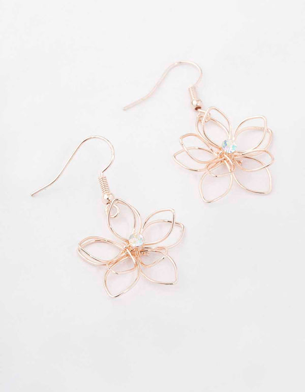 Rose Gold Diamante Wire Flower Drop Earrings