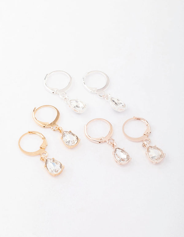 Mixed Metal Drop Pear Diamante Huggie Earring 3-Pack