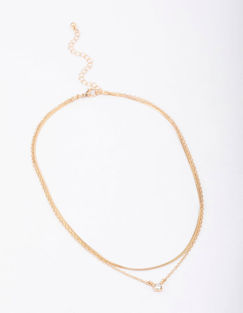 Gold Double Diamante Snake Chain Necklace