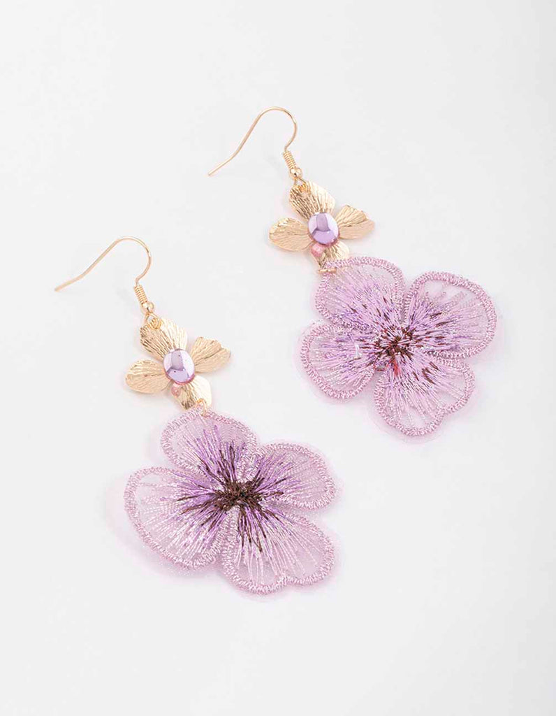 Purple Multi Fabric Flower Drop Earrings