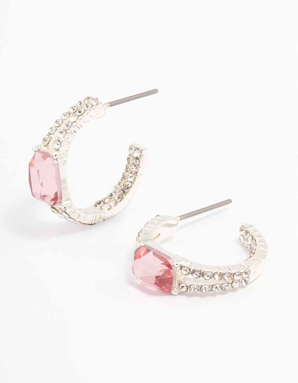 Silver Diamante Band Baguette Hoop Earrings