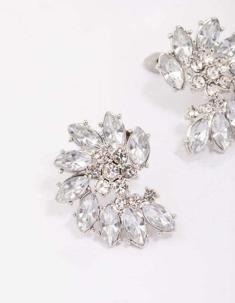 Rhodium Fan Marquise Diamante Stud Earrings