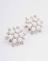 Rhodium Diamante & Pearl Flower Stud Earrings - link has visual effect only