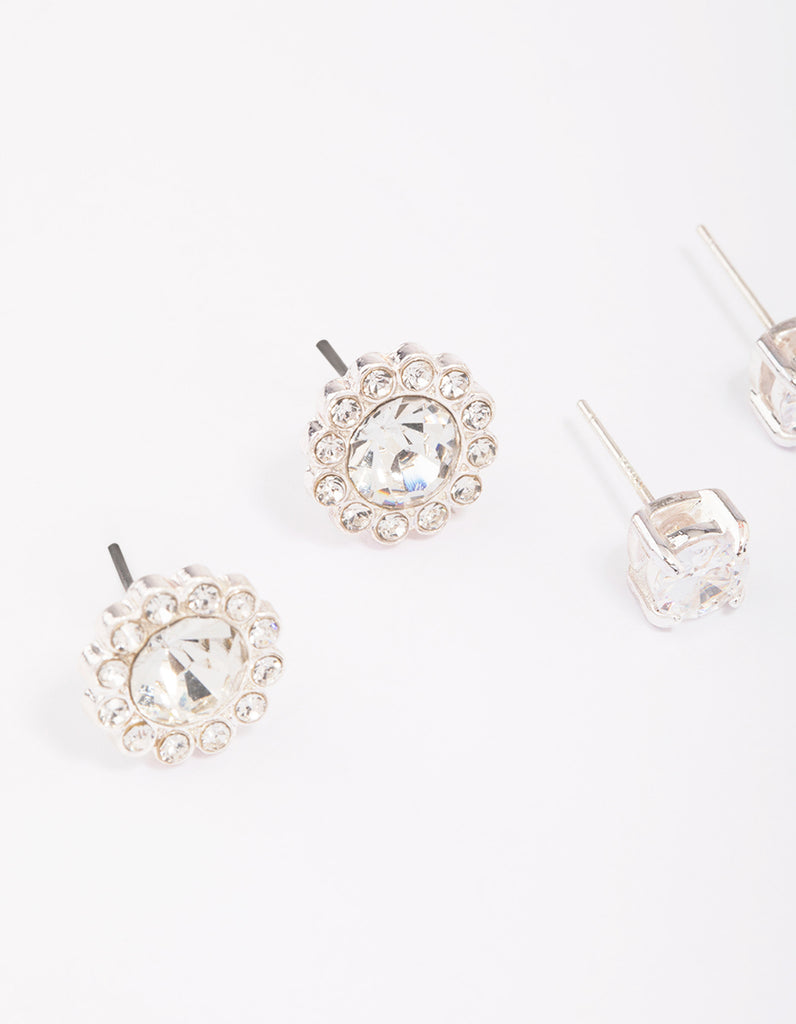 Silver Diamante Flower Stud Earring Pack