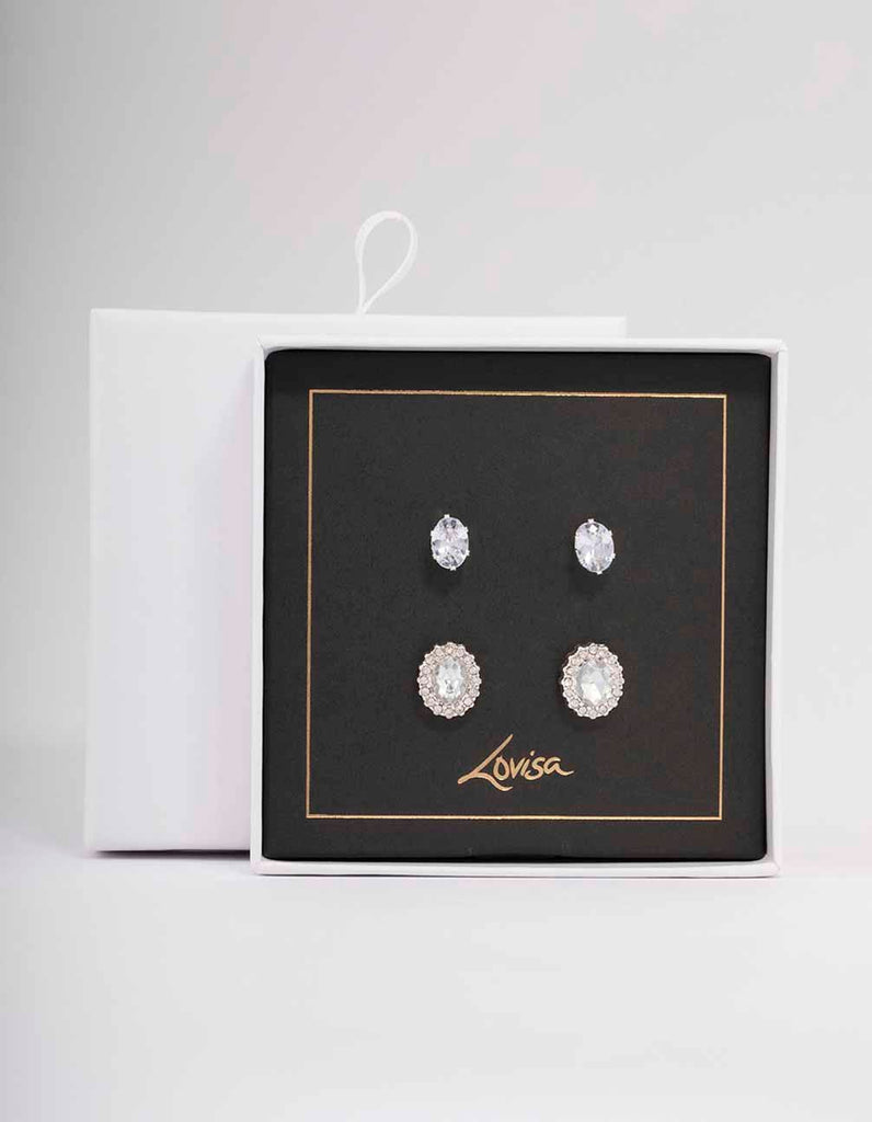 Silver Oval Halo Diamante Stud Earring Pack