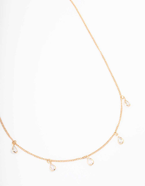 Gold Floating Pear Diamante Droplet Necklace