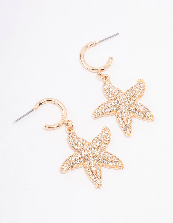 Gold Diamante Starfish Hoop Earrings