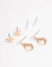 Gold Mixed Pearl Ocean Stud Earring 3-Pack - link has visual effect only