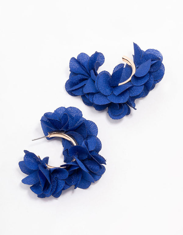 Gold Navy Fabric Flower Hoop Earrings