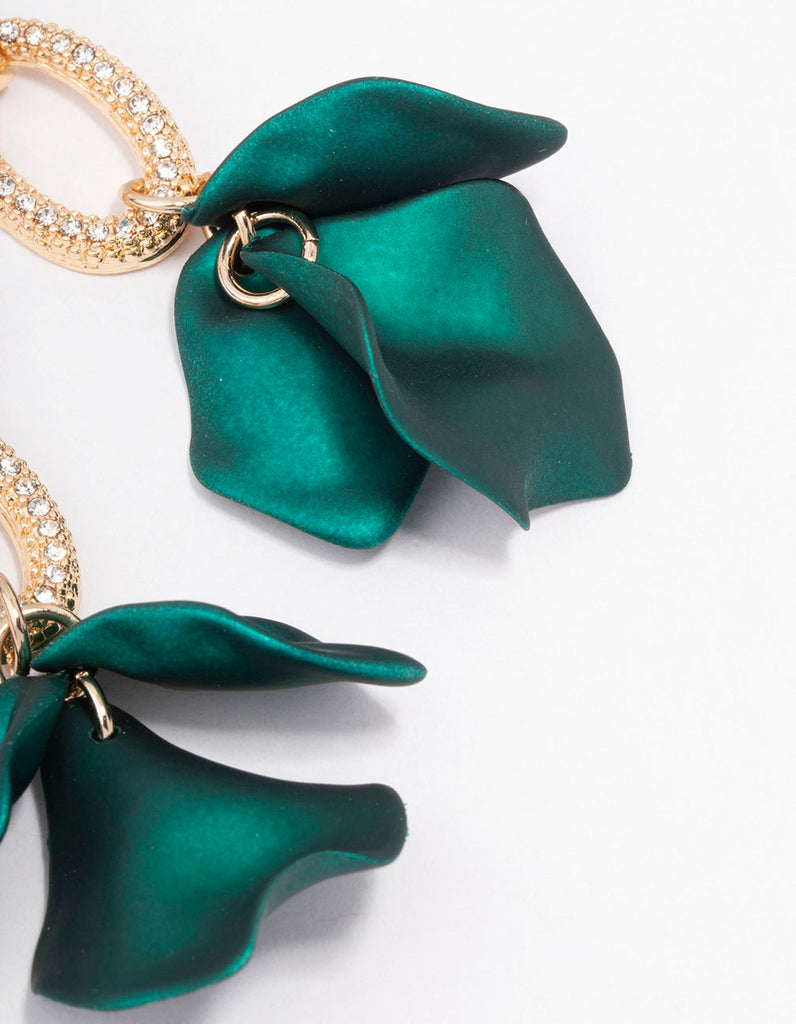 Gold & Green Petal Diamante Drop Earrings