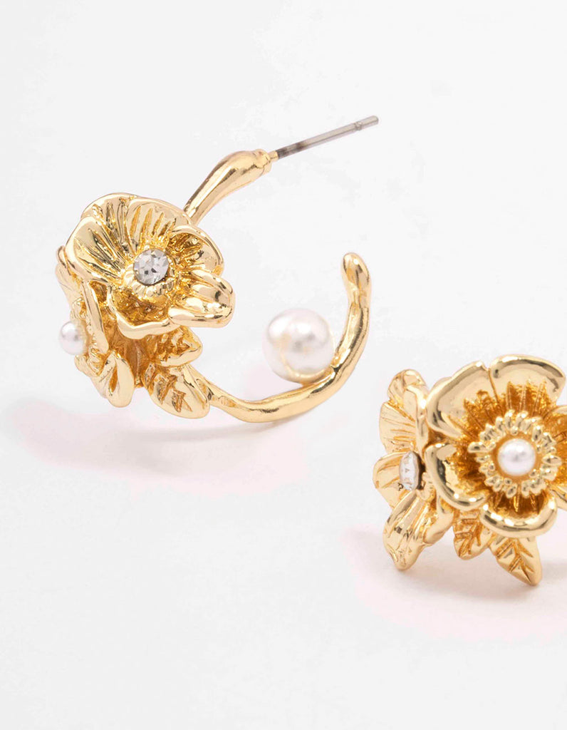 Gold Plated Flower Pearl Hoop Earrings