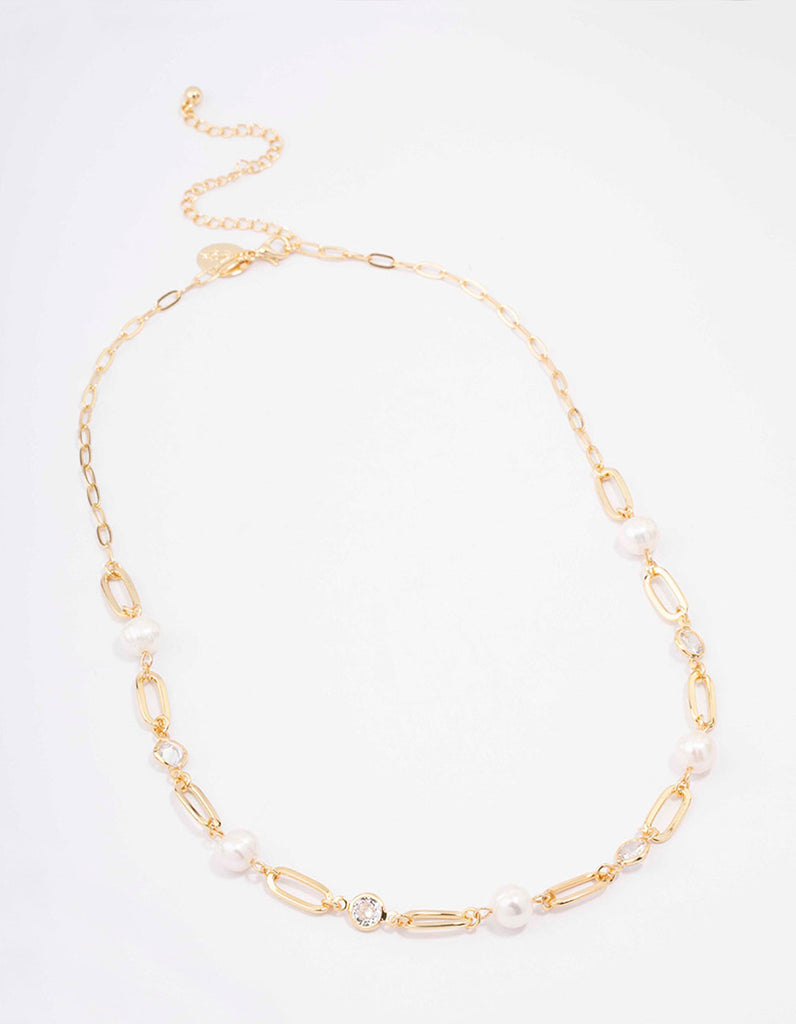 Gold Plated Alternating Cubic Zirconia & Pearl Link Short Necklace