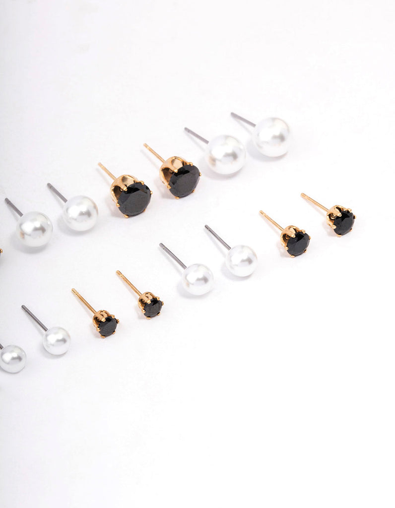 Gold Black Crystal & Pearl Stud Earring 8-Pack